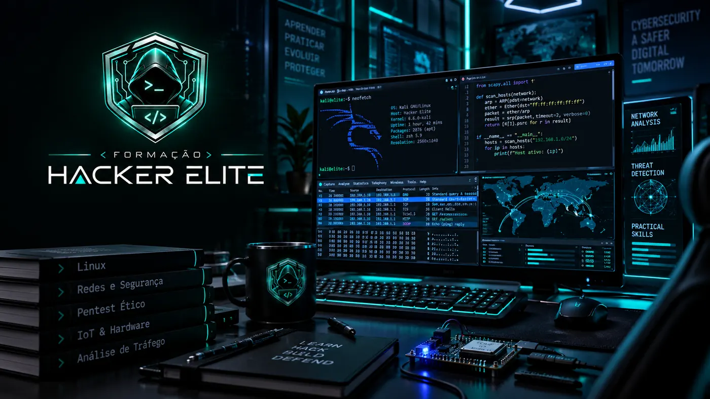 Visual da Formação Hacker Elite com ambiente de laboratório cibernético